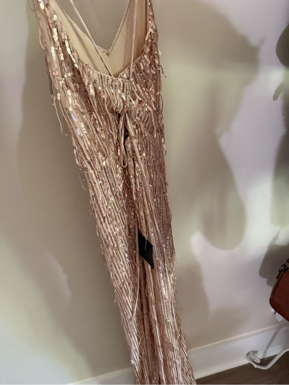 Lulus Endless Festivities Rose Gold Sequin Fringe Lace-up Maxi Dress Pink - Picture 3 of 3